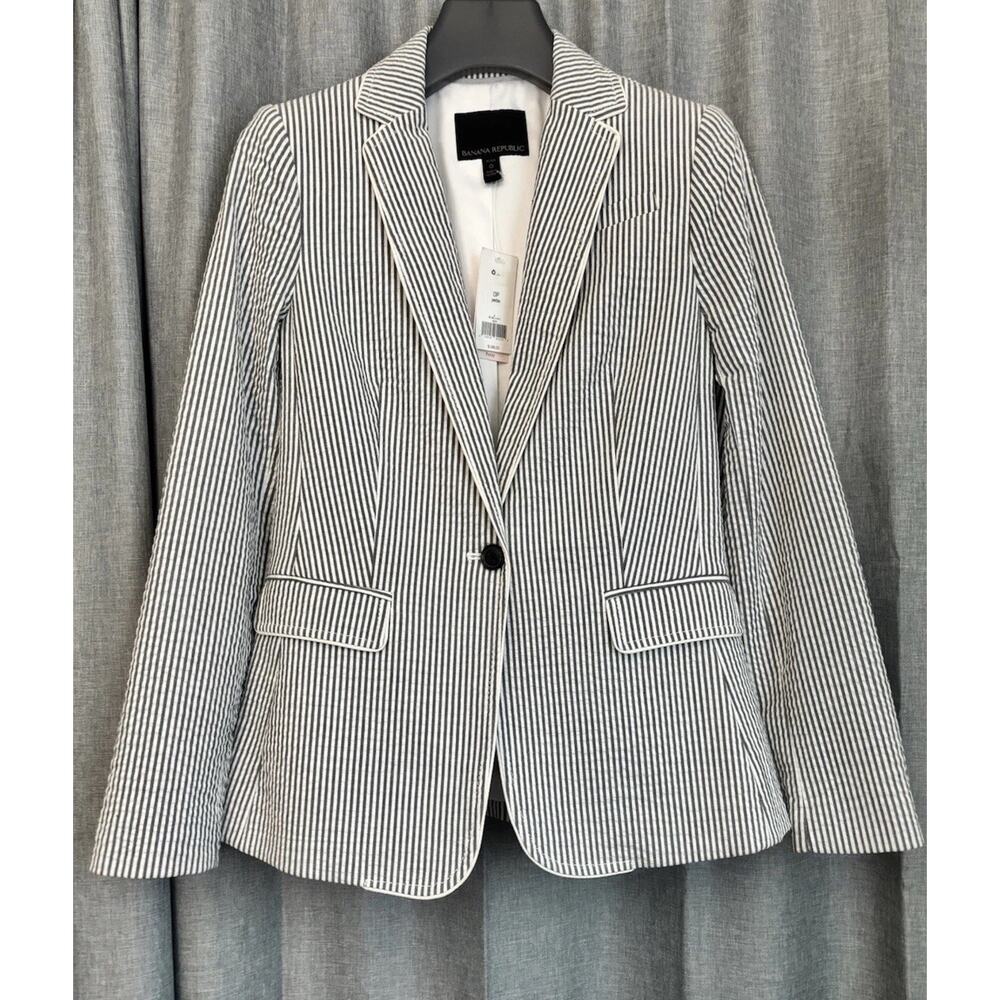 Banana Republic NWT Blue Striped Cotton Blazer NEW Size 0P Seersucker Preppy
